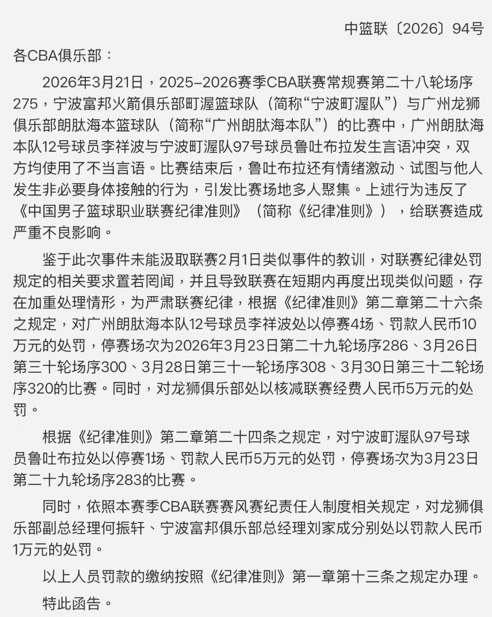 安卓下载-CBA重罚！李祥波因不当言论被禁赛4场，鲁吐布拉情绪激动被禁1场